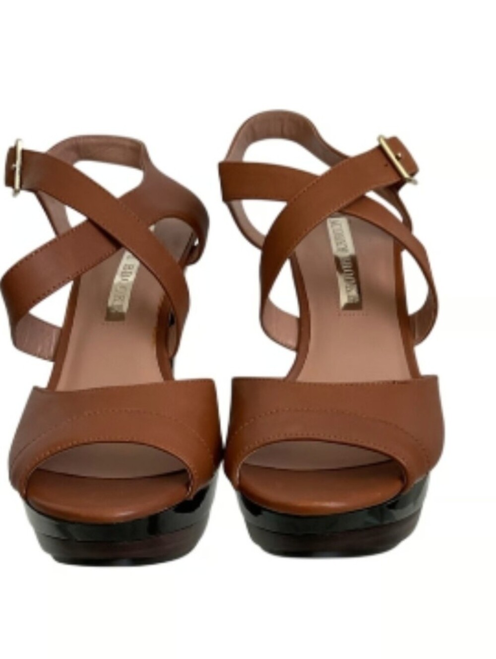 Audrey Brooke Cognac Cross-Strap Heeled Sandals